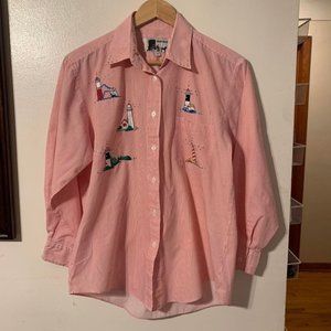 SHIPSHE Pinstripe Lighthouse Patches Longlsleeve Collared Shirt Sz S
